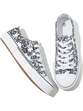 Women's Beige Flower Flat Lace Up Comfortable Solid Casual Round Low Top Sneaker